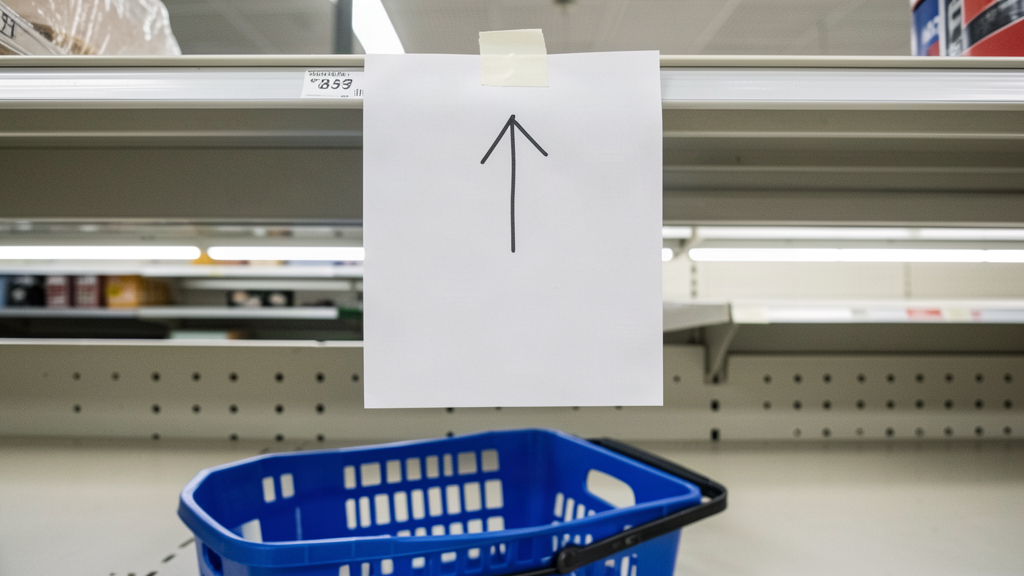 A sheet of plain paper taped to a store shelf edge in the upper half of the frame, showing only an upward arrow drawn in marker, a blue shopping basket on the floor below