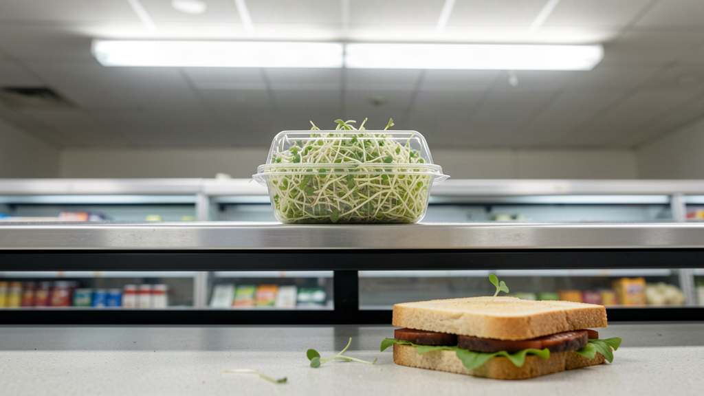 A clear plastic clamshell of alfalfa sprouts fully visible on a deli counter in the upper half of the frame, a sandwich with a single sprout beside it, deli spoon below