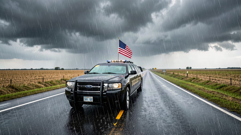 A long black presidential motorcade on a wet two-lane highway under gray Texas sky, rain on the asphalt