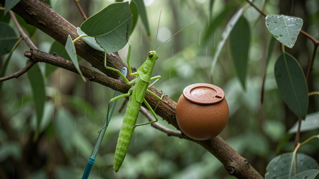 A large stick insect on a eucalyptus branch beside a small round egg with a lid, macro photography, soft green light