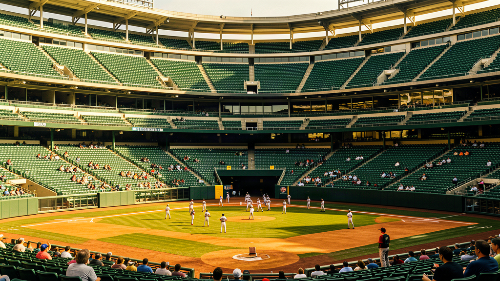 A baseball stadium with large empty sections of green seats, a small cluster of fans in the lower bowl, players on the field below