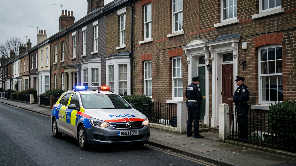 A British counterterrorism police car outside a brick terraced house in London, officers at the front door, gray morning light