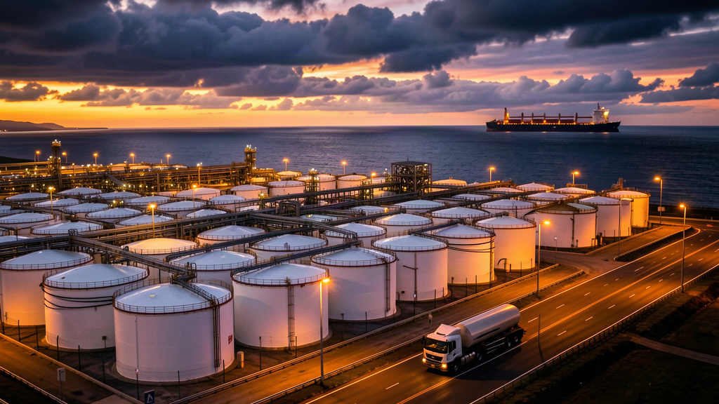 Rows of white oil storage tanks at a refinery under a dusk sky, a single tanker truck on a road in front of them, amber light