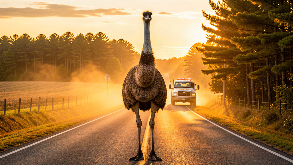 A tall emu standing in the middle of a rural two-lane road in Virginia at golden hour, farm fields on both sides, a animal control truck parked in the distance