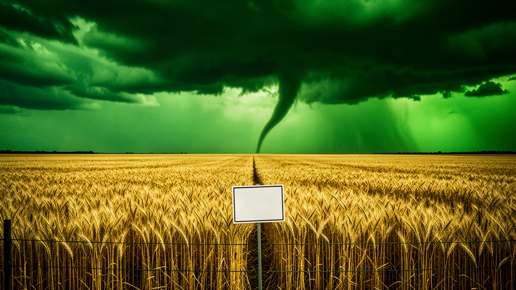 A vast Kansas wheat field under a green-tinged storm sky with a thin distant tornado, a single campaign yard sign in the foreground fence line
