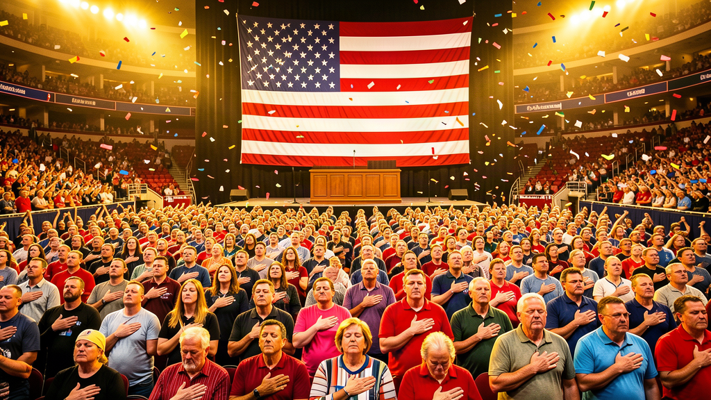 A packed indoor rally crowd in the American South with eyes closed and hands raised, an American flag on stage, warm arena lighting
