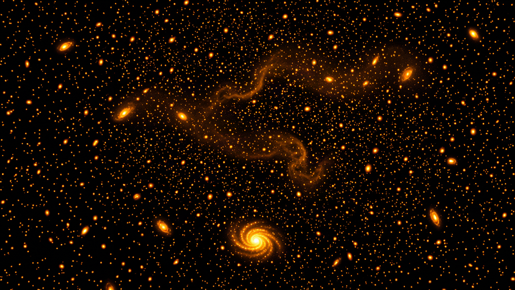 Deep-space field of tiny distant galaxies in gold and orange against black, wisps of glowing gas drifting between them, Webb-style infrared colors
