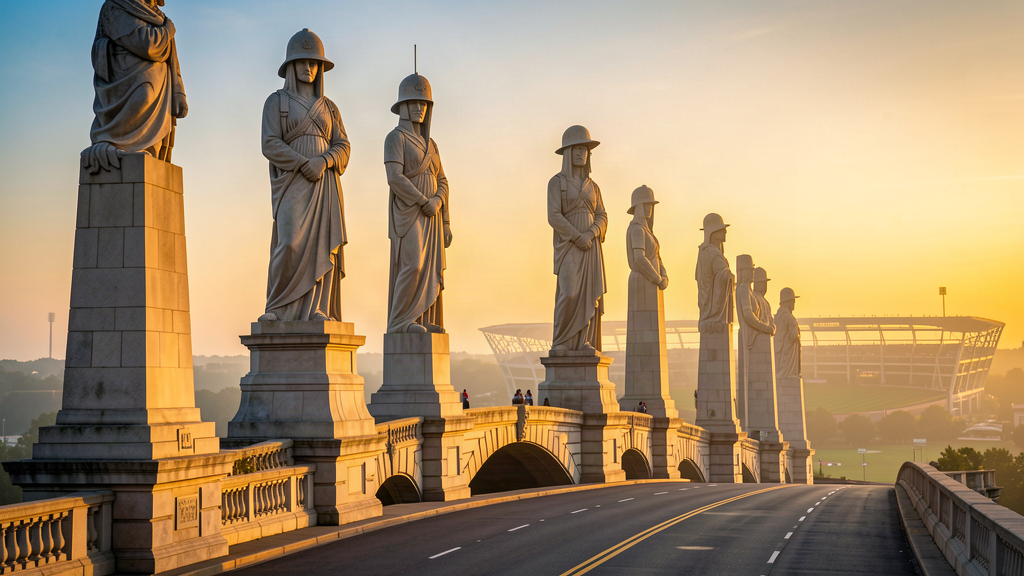 Art deco stone statues of helmeted guardians atop columns on a stone bridge at golden hour, a baseball field faintly visible in the distance