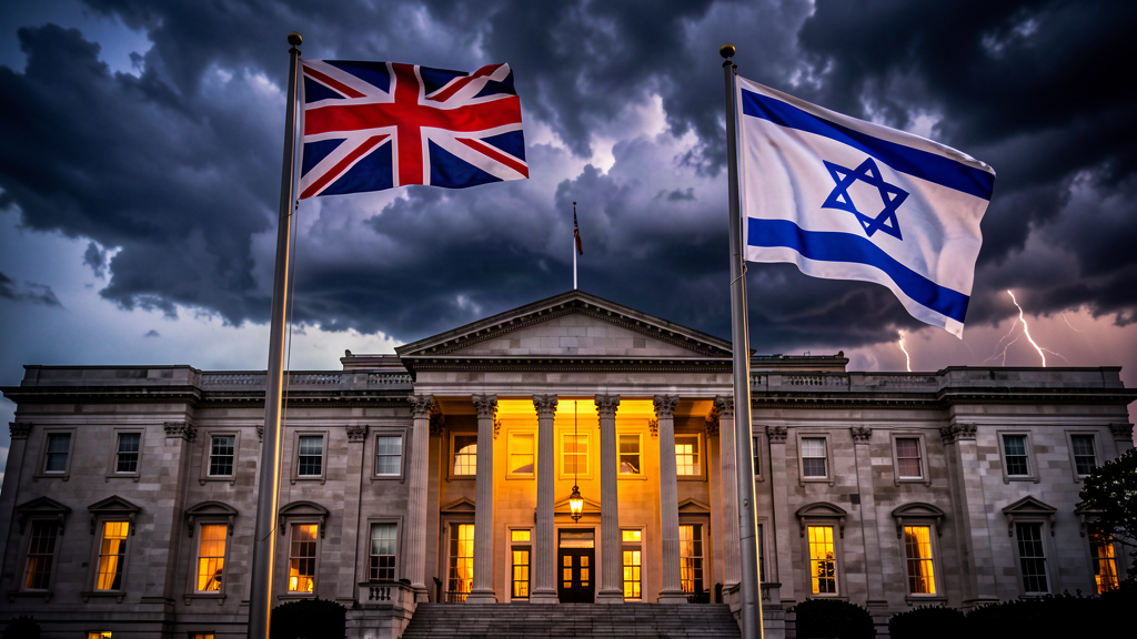 A stately European-style government building at dusk with a Union Jack and an Israeli flag side by side on flagpoles, storm clouds gathering