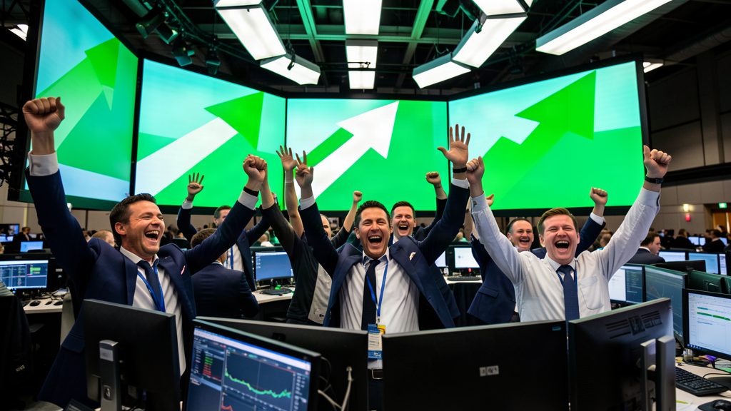 Traders on a stock exchange floor celebrating with raised arms and wide grins, large screens glowing green behind them