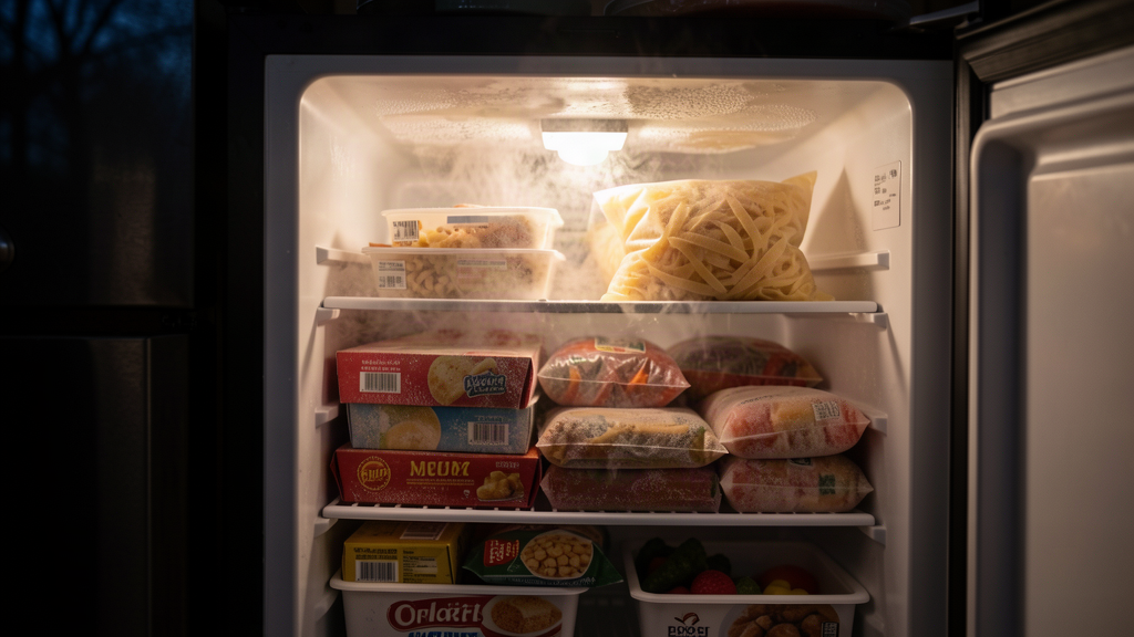 An open home freezer packed with frozen food boxes, one plain bag of frozen fettuccine sitting prominently on the top shelf under a small freezer light