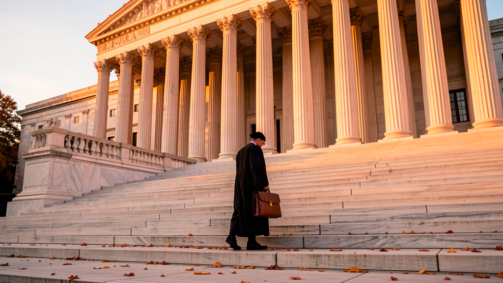 The marble facade of the Supreme Court building at dawn, a single robed figure with a briefcase climbing the wide front steps, autumn light