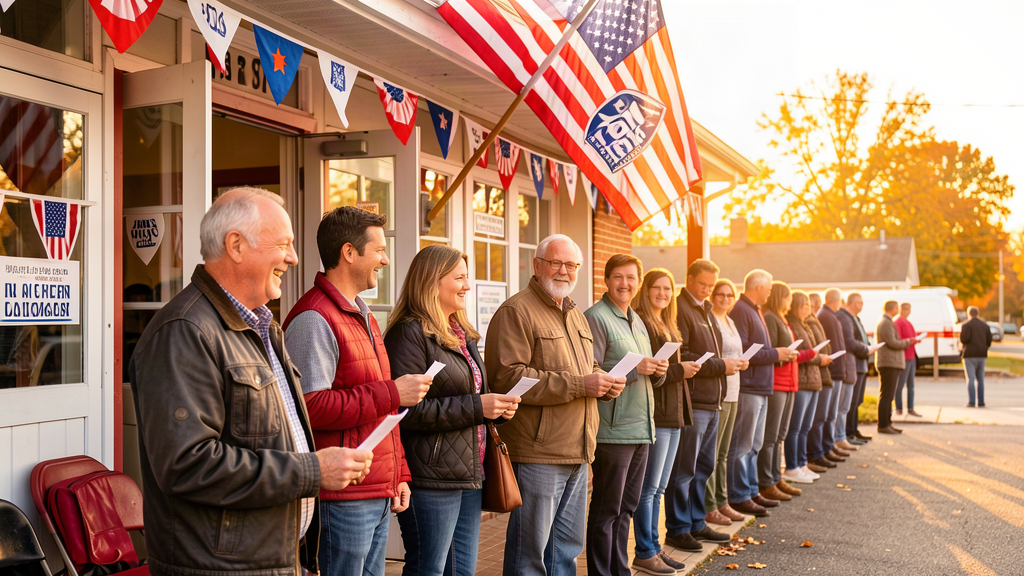 A voting line outside a suburban fire station on a bright morning, Americans in jackets holding ballots, an American flag overhead