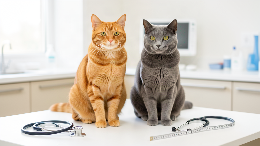 Two long-legged domestic cats sitting side by side on a veterinary exam table, one ginger and one gray, looking calmly at the camera under bright clinical lighting
