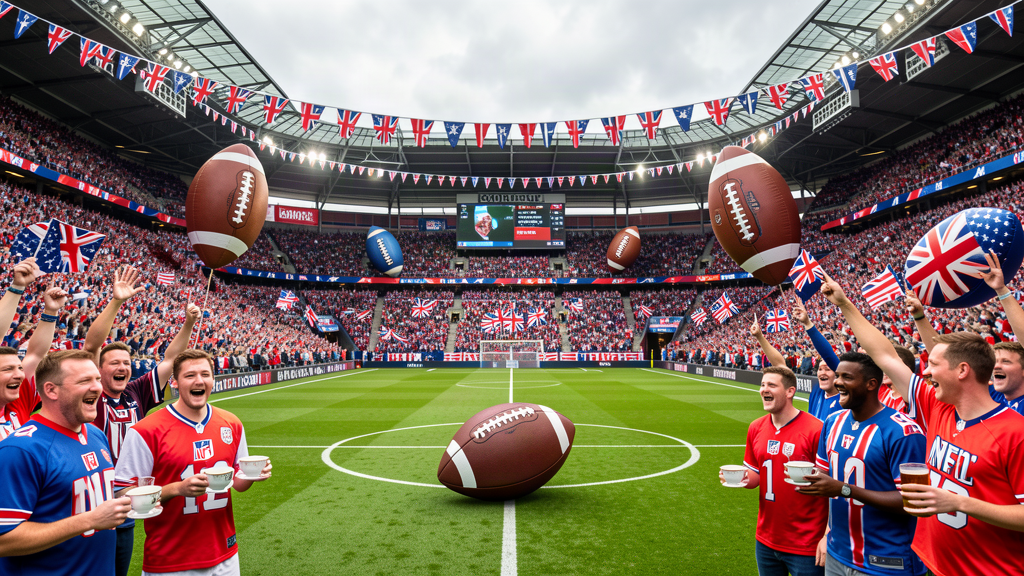 A packed modern soccer stadium decorated with American football bunting, fans in jerseys holding teacups and pints, an oval football on the grass at center field