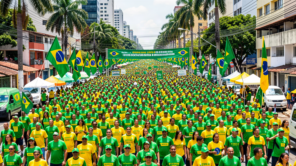 A huge crowd of voters in green and yellow winding toward a polling place in a Brazilian city, flags and banners, bright tropical daylight