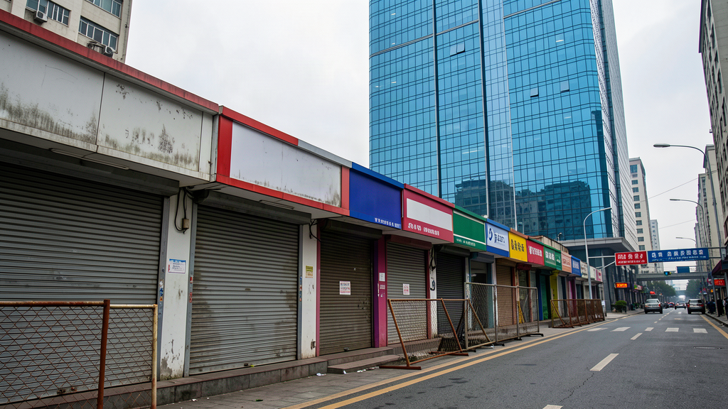 A row of small closed bank branches behind construction fencing on a Chinese city street, roll-down shutters, a single remaining large bank glowing across the road
