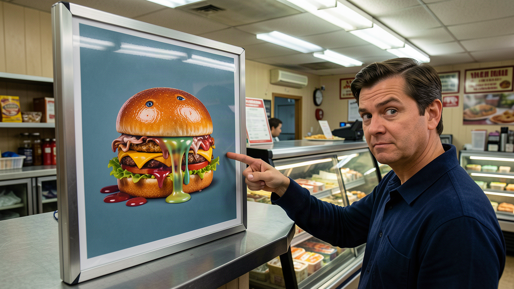 A deli counter with a laminated menu showing a surreal AI-generated sandwich photo with melting, fused ingredients, a customer pointing at it in disbelief