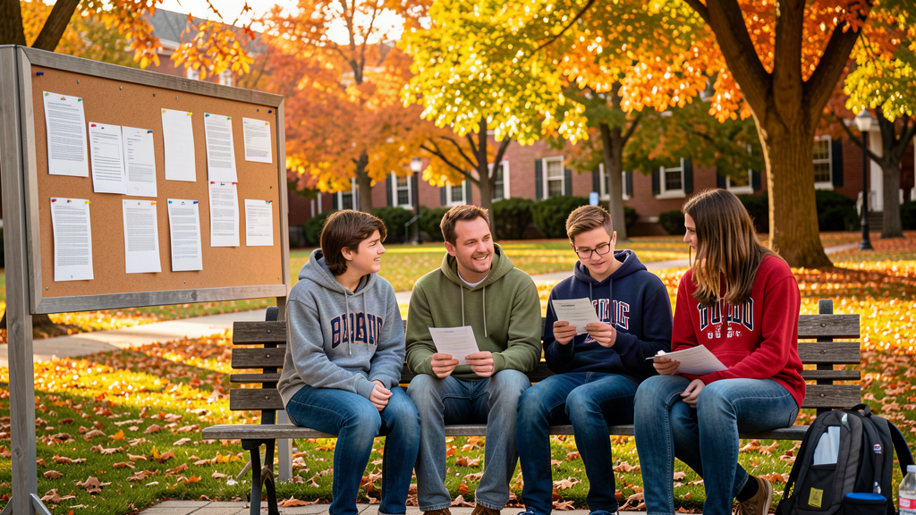 College students in hoodies sitting on a quad bench under autumn trees, one holding a student loan statement, a campaign flyer taped to a bulletin board nearby