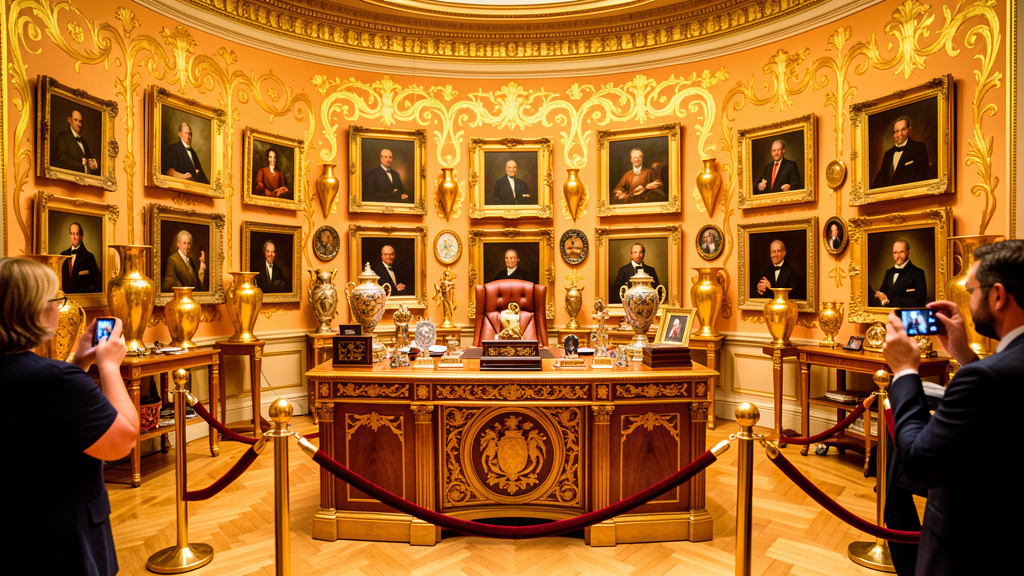 A gleaming replica Oval Office crowded with gilded frames, gold vases, and ornate golden flourishes on every surface