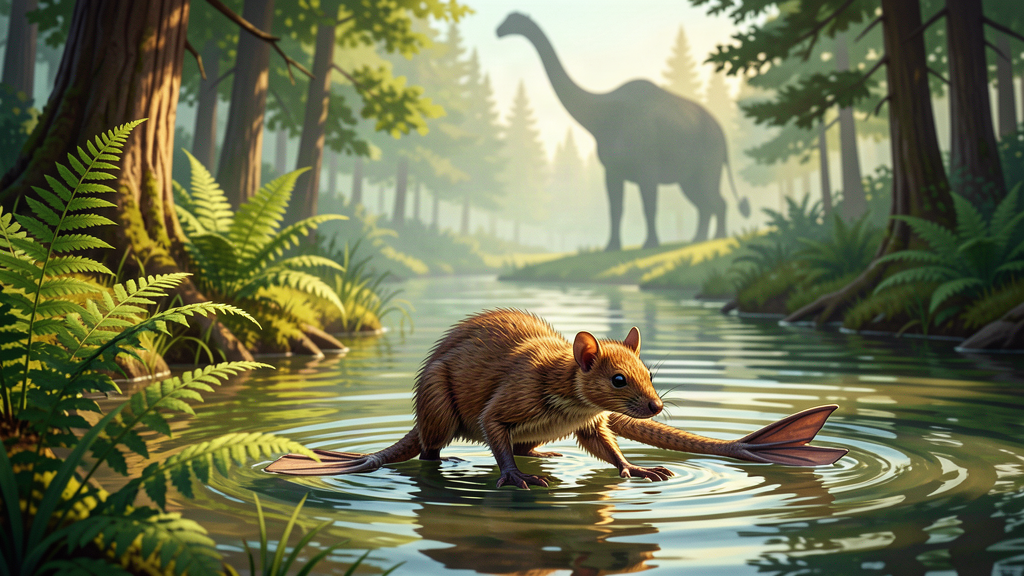 A small furry semiaquatic mammal with webbed feet and a flattened tail swimming through a Cretaceous river, ferns on the bank, a large dinosaur silhouette in the far background