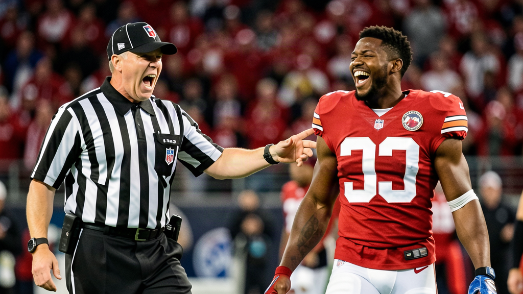 An NFL referee in a striped uniform mid-shout on a football field, mouth open, arm extended, a tight end in a red jersey walking away laughing, stadium lights behind