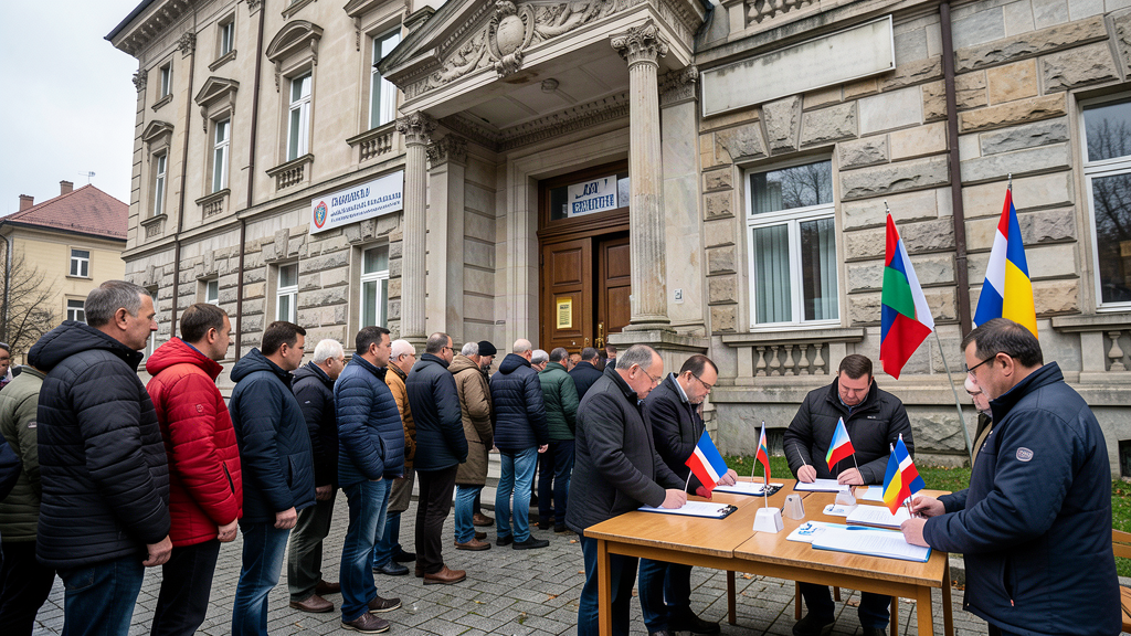 Voters queuing outside a Balkan polling station beneath flags, election officials at a table, an ornate government building behind