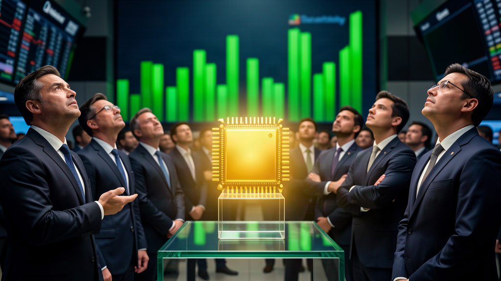 A glowing microchip on a pedestal in a trading floor, traders in the background looking upward in awe, green arrows rising behind them