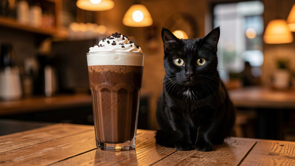 A tall dark blended drink with whipped cream on a cafe counter, a small black cat sitting beside it staring directly at the camera, warm cafe lighting