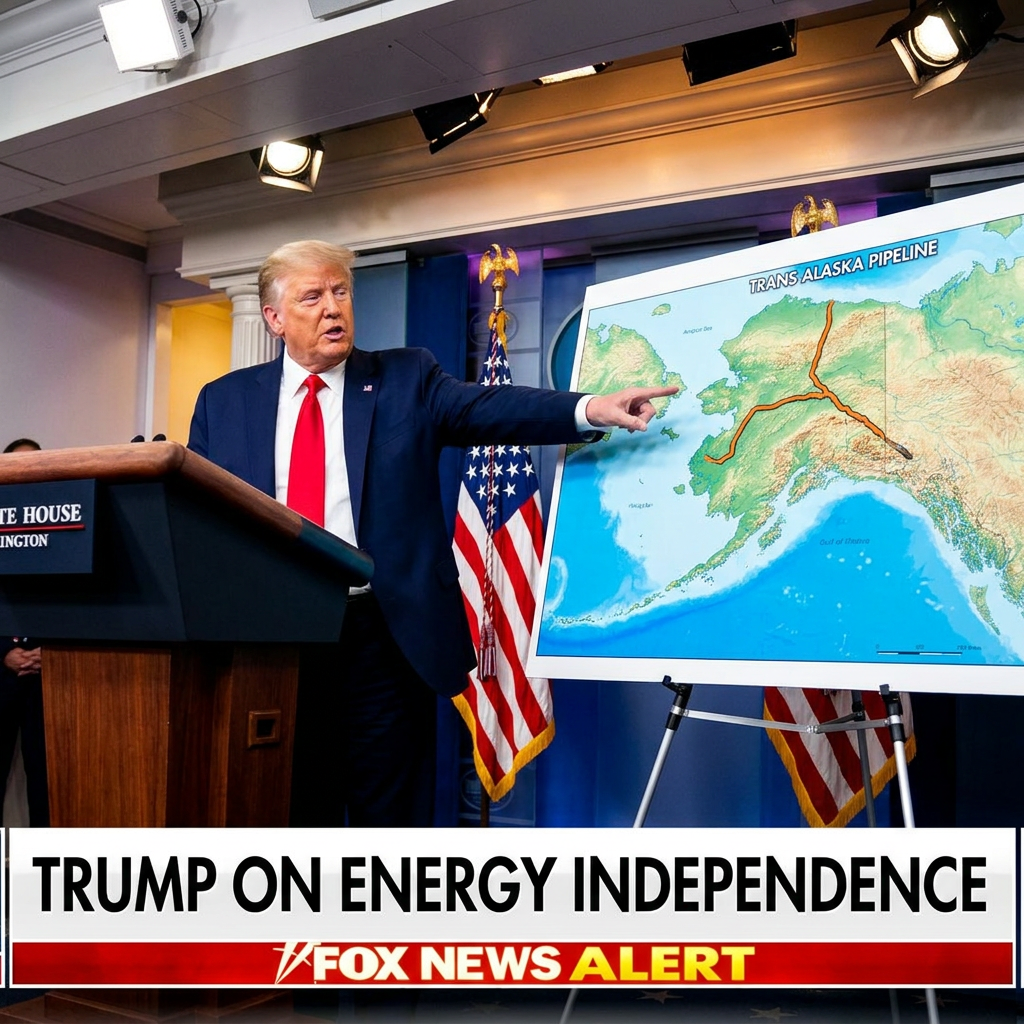 The President at a podium pointing emphatically at a large map of Alaska with a pipeline drawn across it, an American flag behind him