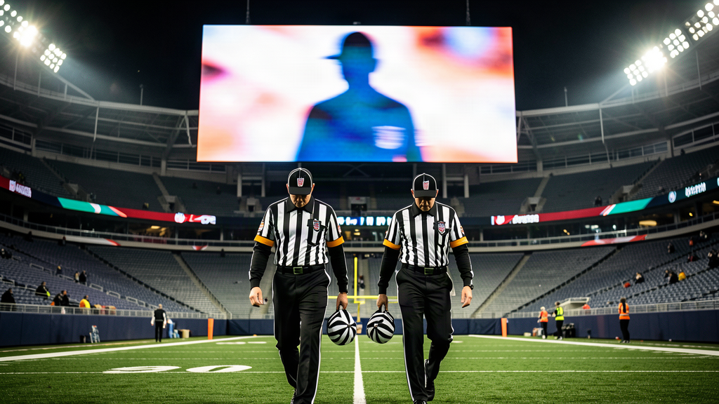 Two NFL officials in striped uniforms walking off a field with their heads down, a giant video screen above them showing a blurred silhouette, empty stadium seats behind