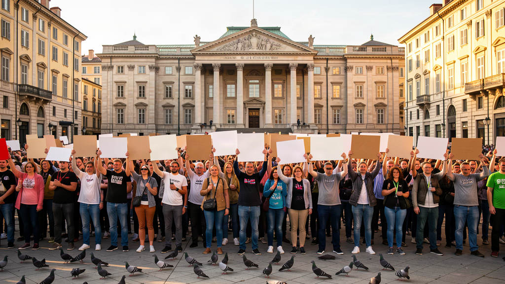 A crowd of protesters in a European plaza holding blank signs, a grand government building looming behind them at dusk