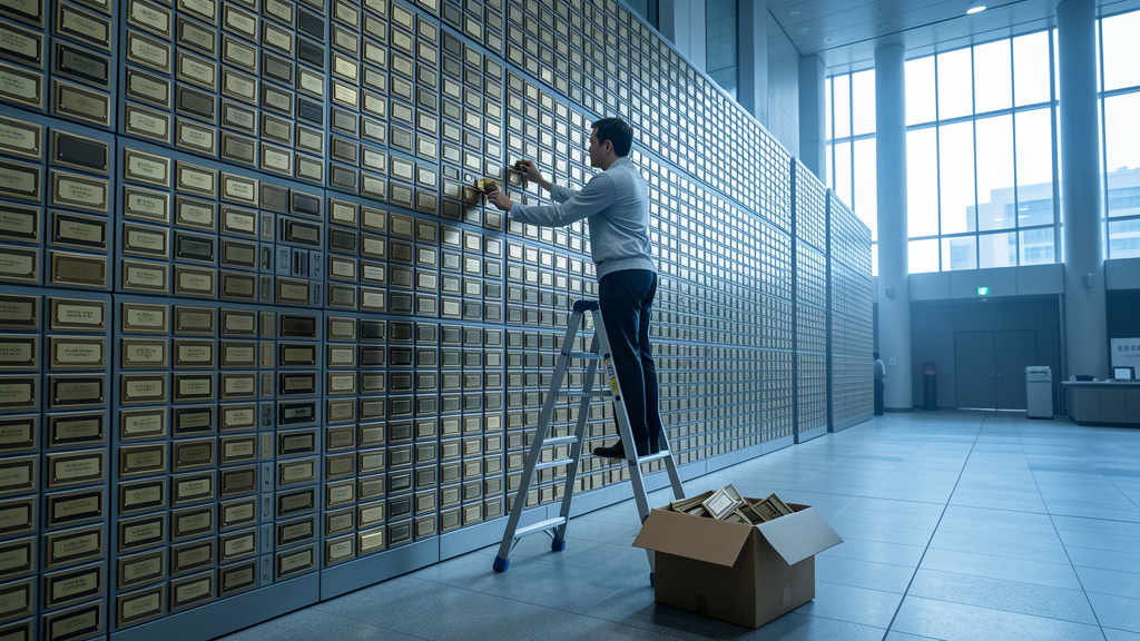 A worker on a ladder removing a small company nameplate from a towering wall of plaques in a Tokyo trading hall