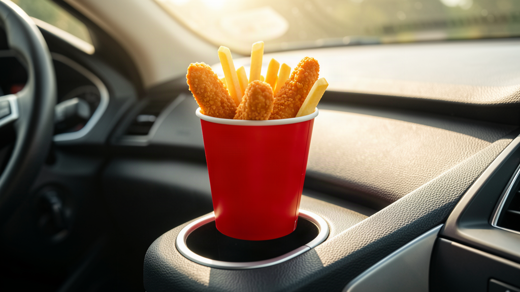 A small red fast-food bucket of chicken tenders and fries sitting perfectly upright in a car cupholder on the center console