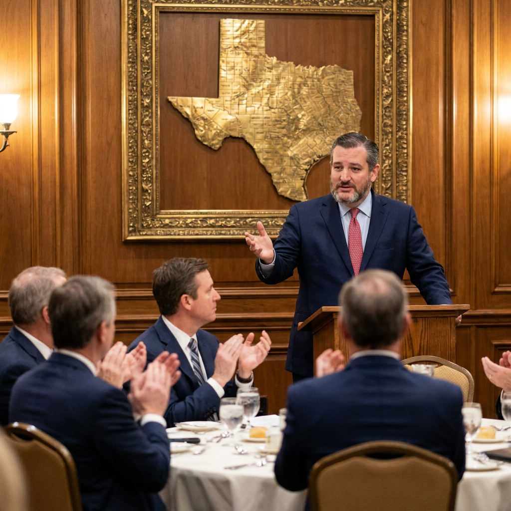Senator Ted Cruz gesturing at a lectern while a large gilded map of Texas hangs behind him