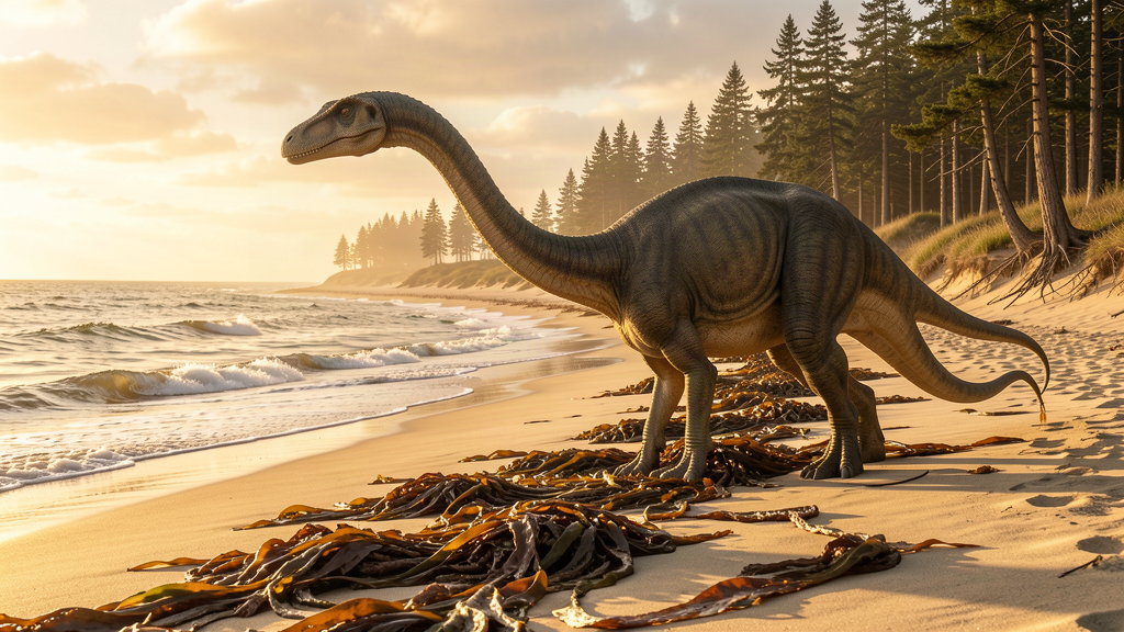 A long-necked dinosaur bending toward a sunlit prehistoric beach to nibble washed-up seaweed while waves roll in