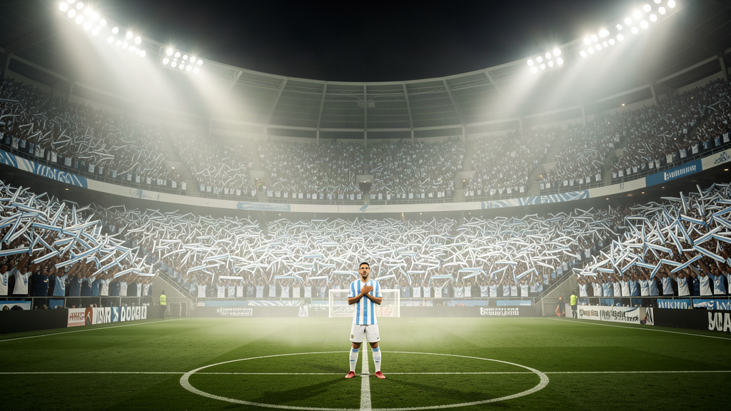 A small Argentine forward with his hand over his heart standing in a sea of waving scarves inside a packed Buenos Aires stadium