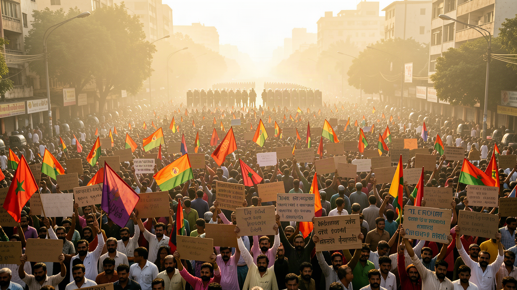 A vast crowd of protesters with saffron and tricolor flags filling a wide New Delhi avenue in front of riot police