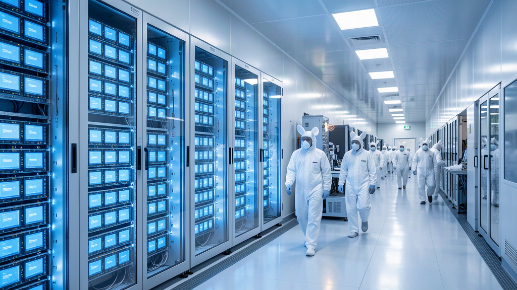 A gleaming semiconductor fabrication cleanroom with technicians in white bunny suits walking past racks of glowing memory chips under blue light