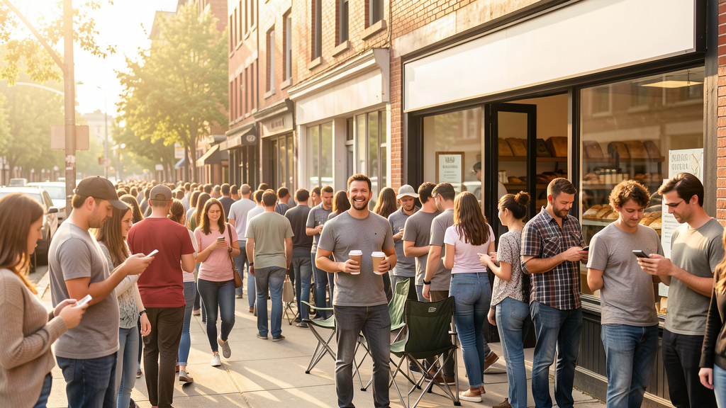A long queue of people snaking around a city block outside a small bakery, one person in the line holding two coffees and a folding chair