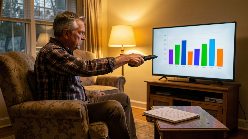 A man in an armchair in a living room pointing a remote at a television showing a poll chart, the chart reflected in his glasses, a notepad of his own numbers on the side table