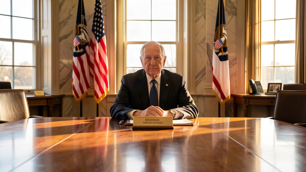 An elderly man in a dark suit seated at a vast polished conference table in a marble federal building, a nameplate before him, sunlight through tall windows