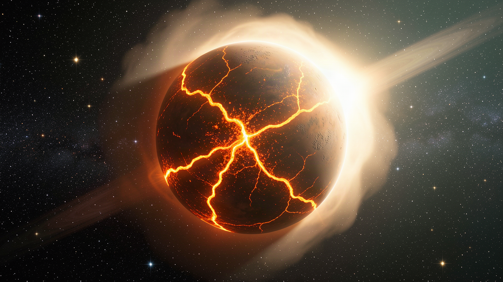 A molten lava planet glowing orange close to a large star, a faint hazy shell of atmosphere around it, seen from space