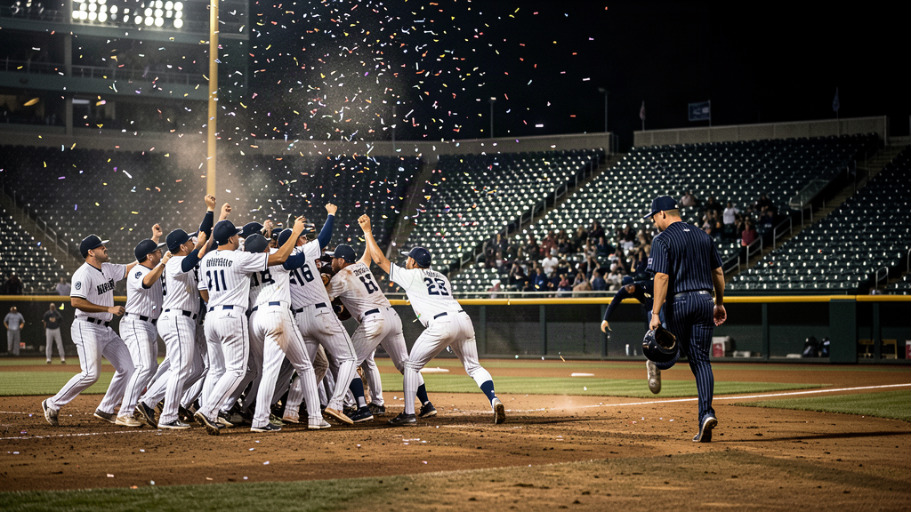 Baseball players in white uniforms celebrating mob-style at home plate in a stadium while a lone player in a pinstripe uniform walks away toward the dugout