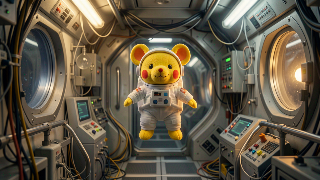 A yellow plush mouse creature in a miniature white astronaut suit floating weightless inside a space station module surrounded by equipment and handrails