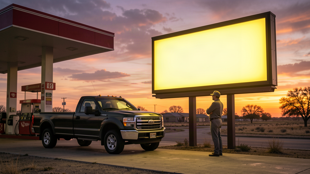 A lone driver at a rural gas station under a wide sky, price board glowing at $4.99