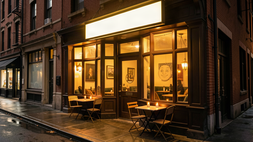 A cozy French bistro exterior at night with warm glowing windows on a Chicago street