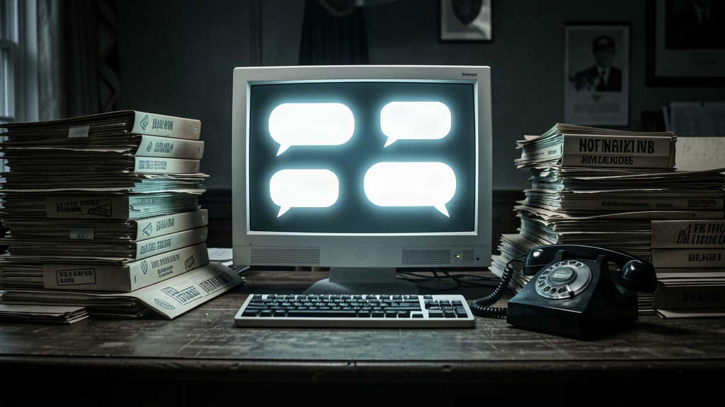 A chatbot conversation on a glowing screen rendered as a stack of bureaucratic paperwork