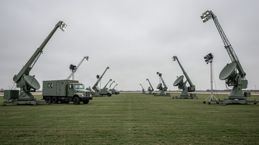 A broadcast truck and camera rigs set up on a grassy military field under an overcast sky
