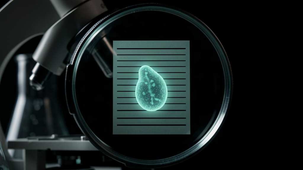A glowing microscopic organism on a dark laboratory background, framed like a mugshot